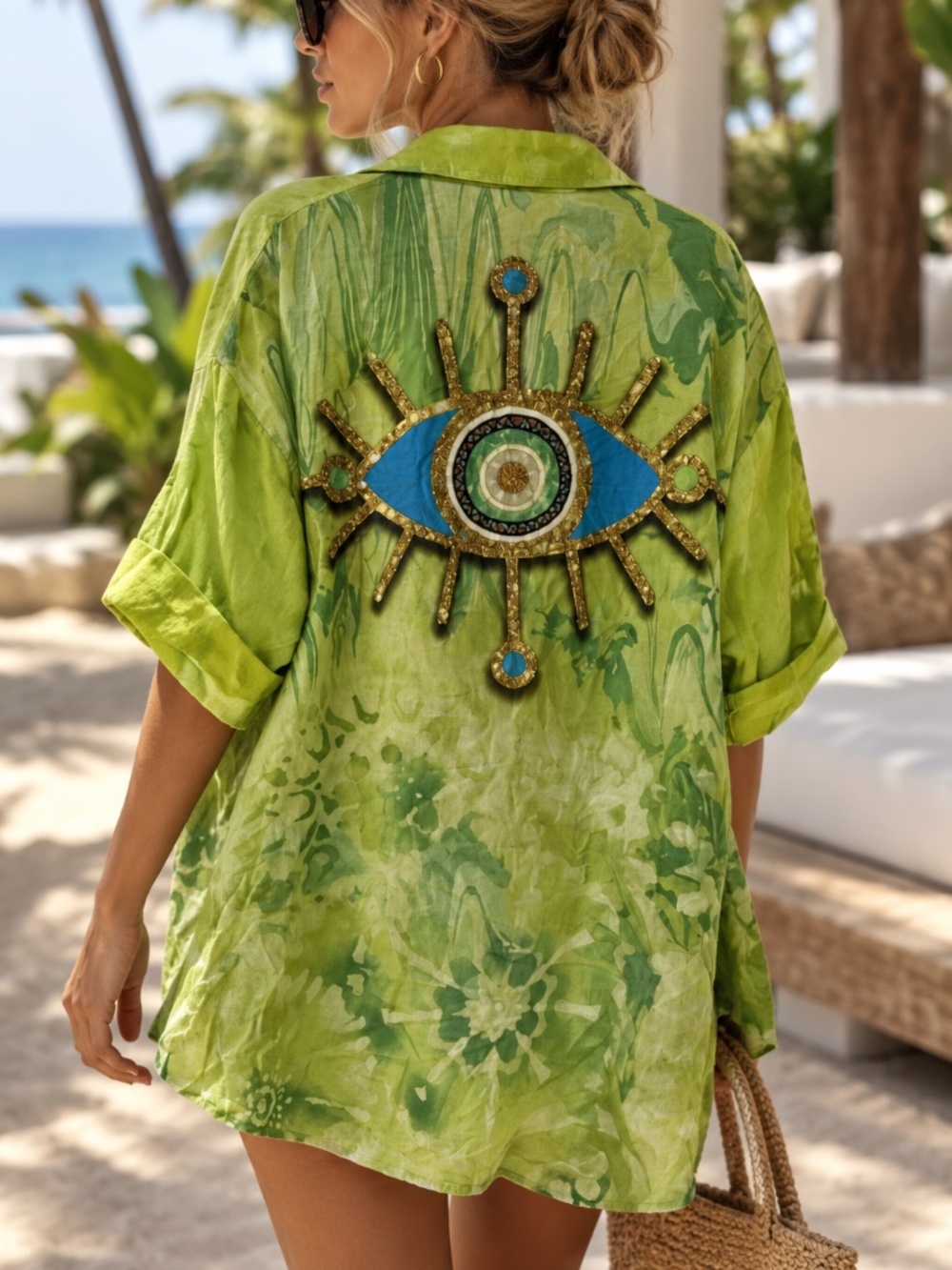 Lime Green Linen Evil Eye made in Italy Oversized Shirt Beach Cover Up jacket